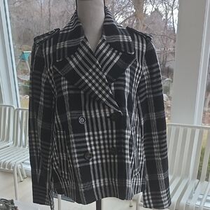 Ann Taylor Black and White Plaid Pea Coat XS NWT
